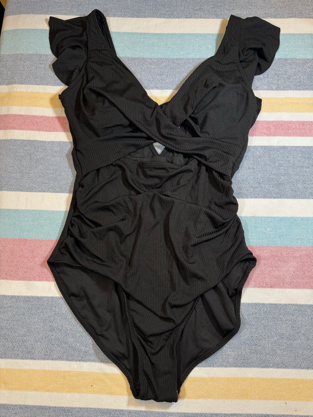 NWT B2Prity‎ Black Ribbed Ruffle One-Piece Swimsuit – Size XL